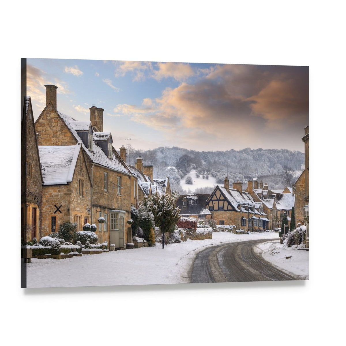 Snowy Cotswold Village in Winter Canvas Wall Art, single panel gallery wrapped canvas, angled product view