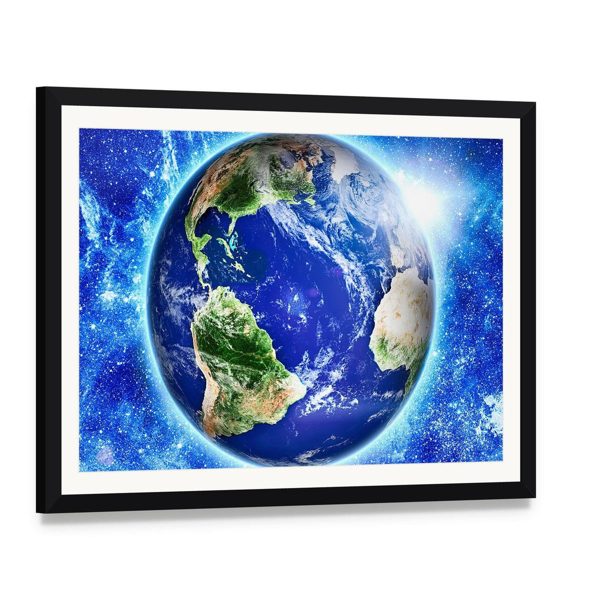 Blue Planet Earth from Space Canvas Wall Art, framed print with white mat and black frame, angled product view
