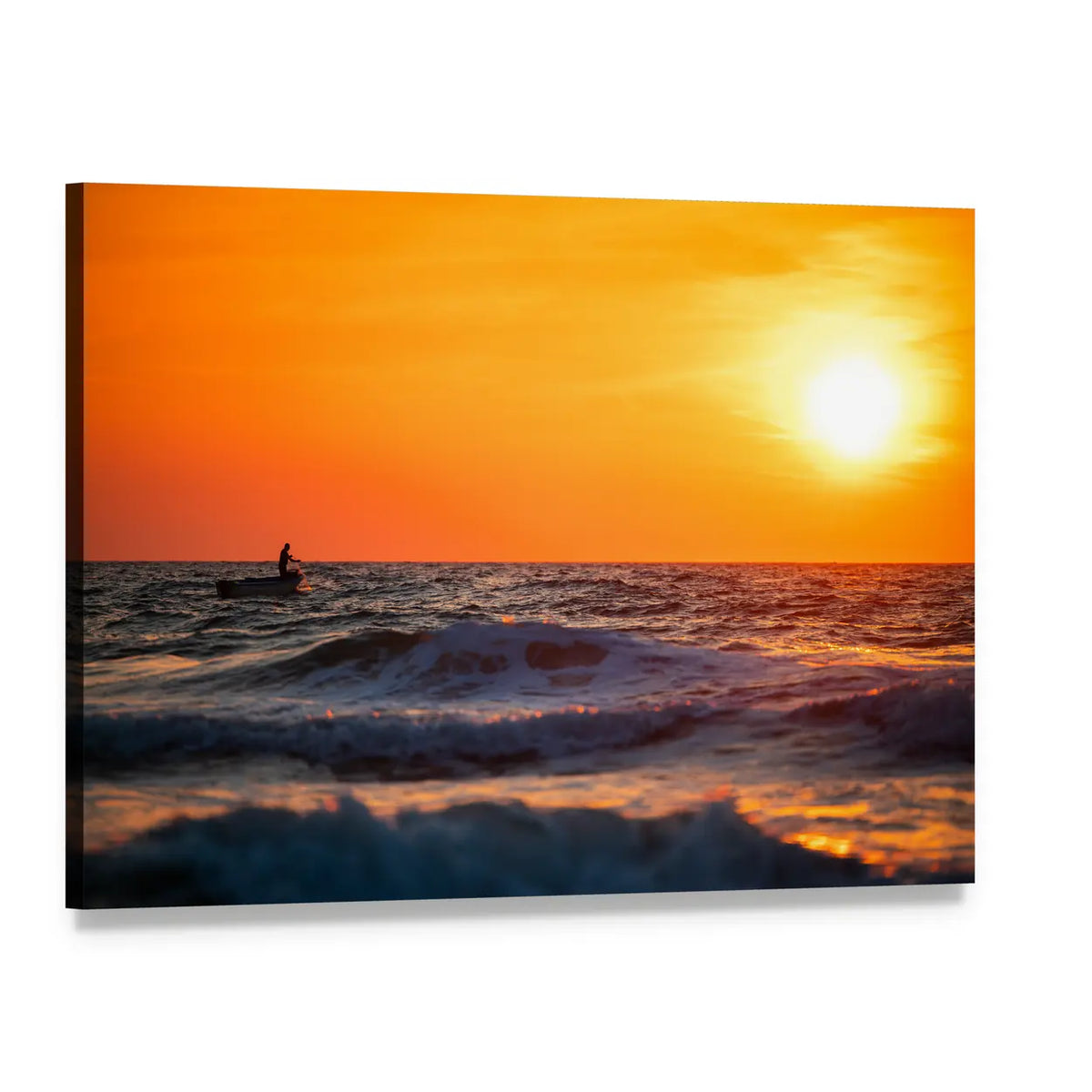 Fisherman Sailing at Sunrise Canvas Wall Art, single panel gallery wrapped canvas, angled product view