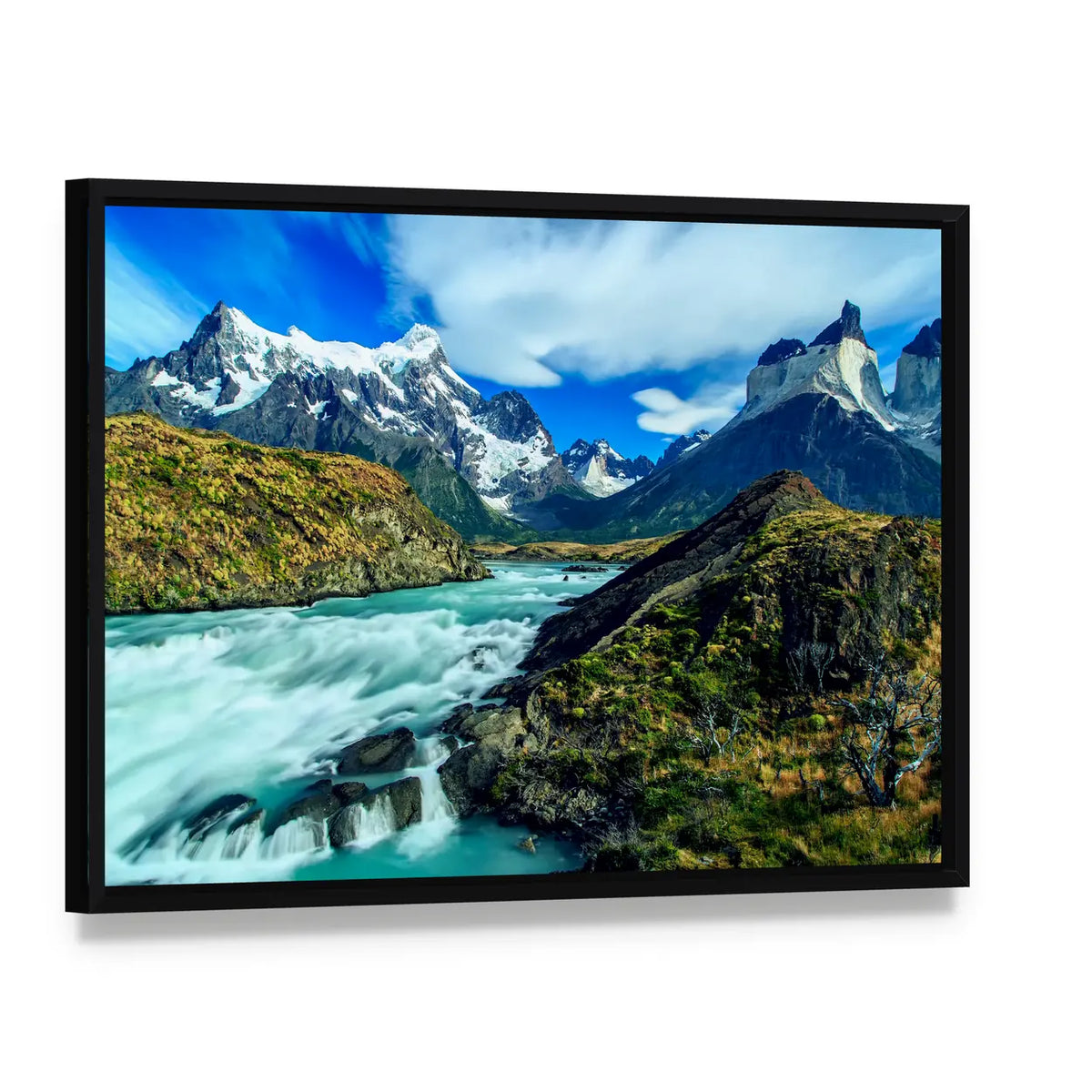 Luxury River Mountain Canvas Wall Art, framed canvas in a black floater frame, angled product view
