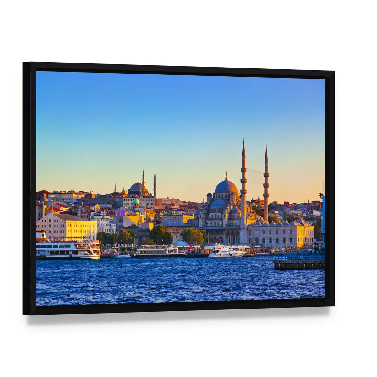 Istanbul Cityscape At Sunset Canvas Wall Art, framed canvas in a black floater frame, angled product view