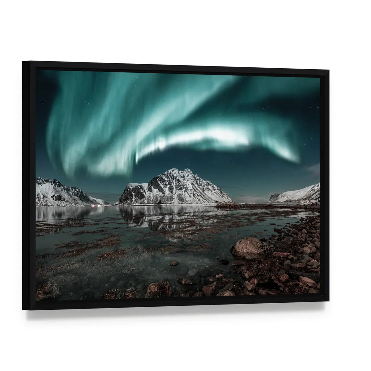 Northern Lights Over Lofoten Canvas Wall Art, framed canvas in a black floater frame, angled product view