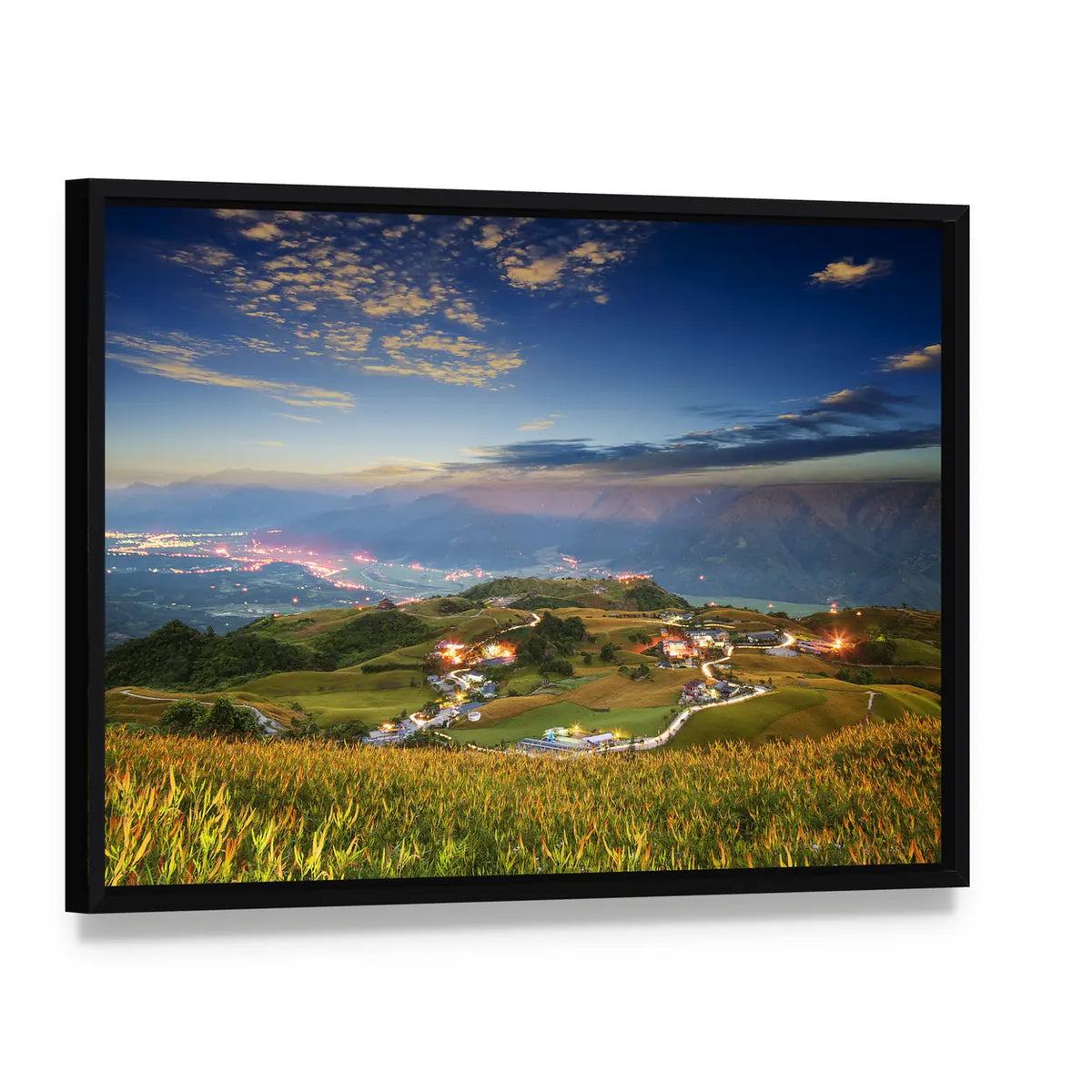 Lioushidan Mountain Daylilies at Dawn Canvas Wall Art, framed canvas in a black floater frame, angled product view