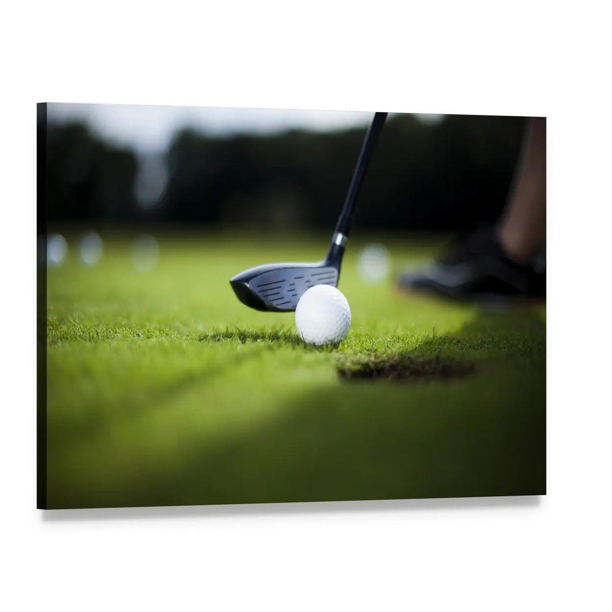 Close-up Golf Ball and Black Club Canvas Wall Art, single panel gallery wrapped canvas, angled product view
