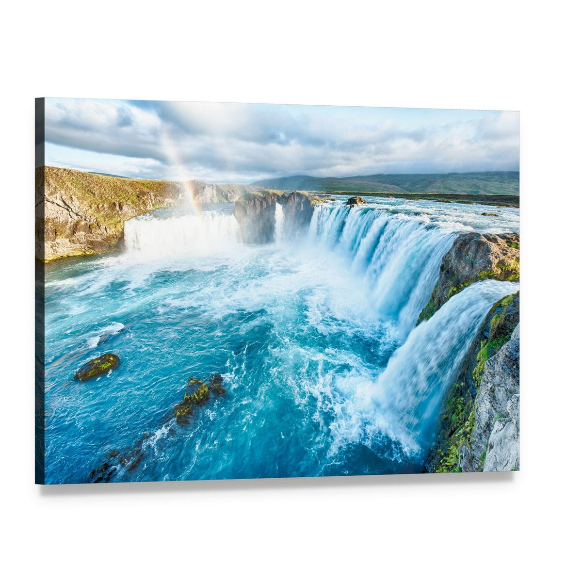 Godafoss Waterfall with Rainbow Canvas Wall Art, single panel gallery wrapped canvas, angled product view