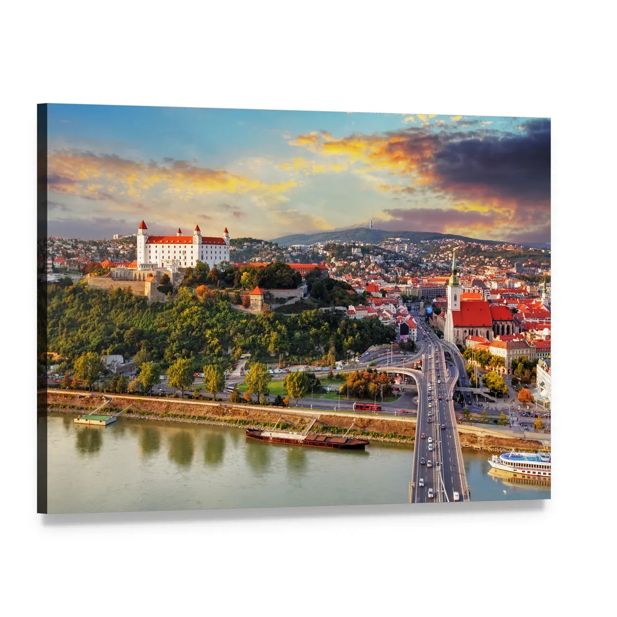 Bratislava Sunset Over the Danube Canvas Wall Art, single panel gallery wrapped canvas, angled product view