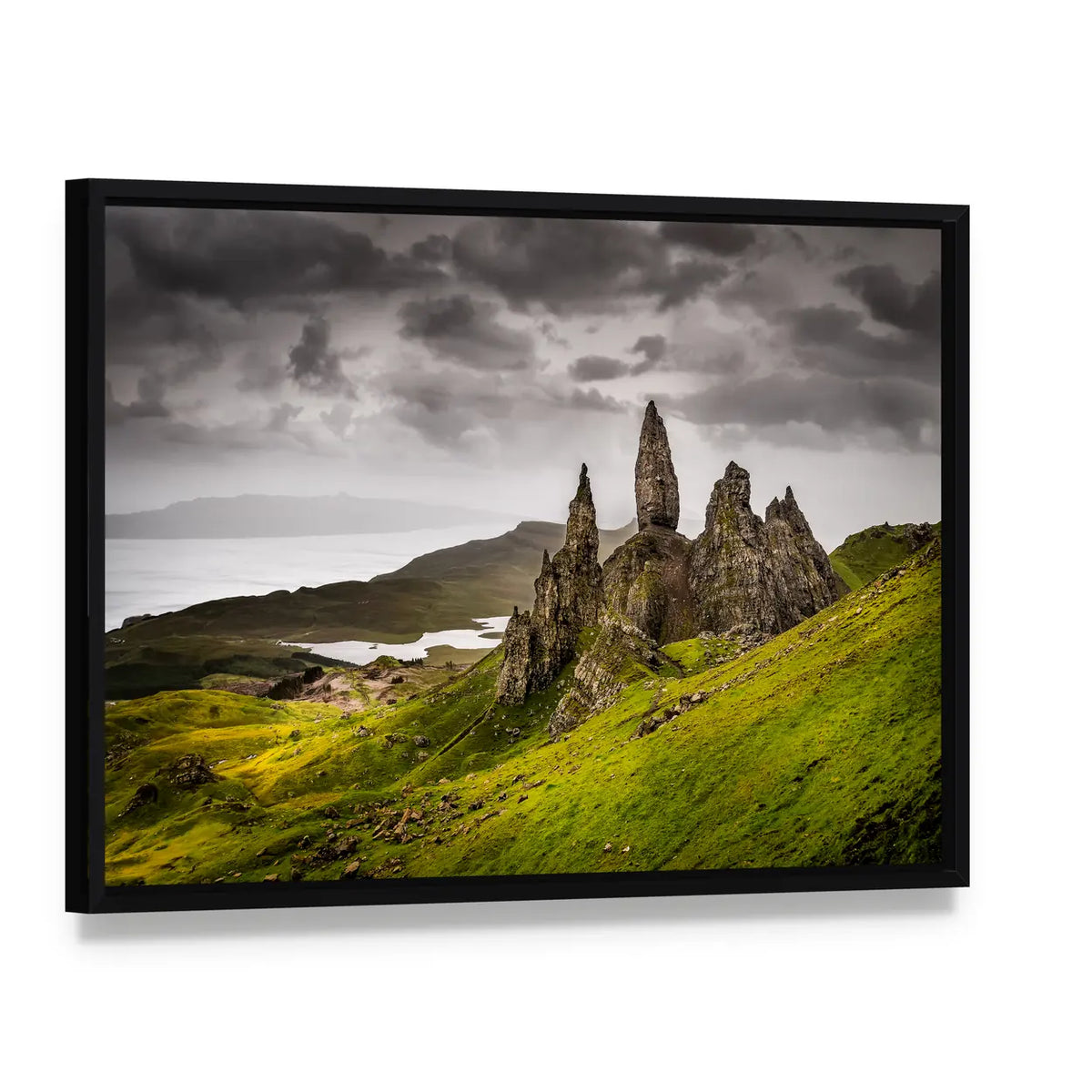 Storr Rock, Scotland Landscape Canvas Wall Art, framed canvas in a black floater frame, angled product view