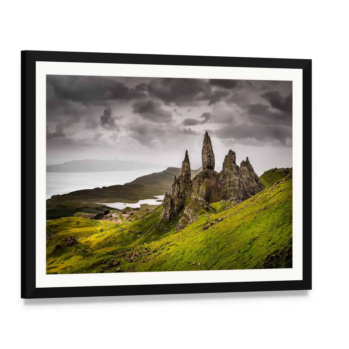 Storr Rock, Scotland Landscape Canvas Wall Art, framed print with white mat and black frame, angled product view