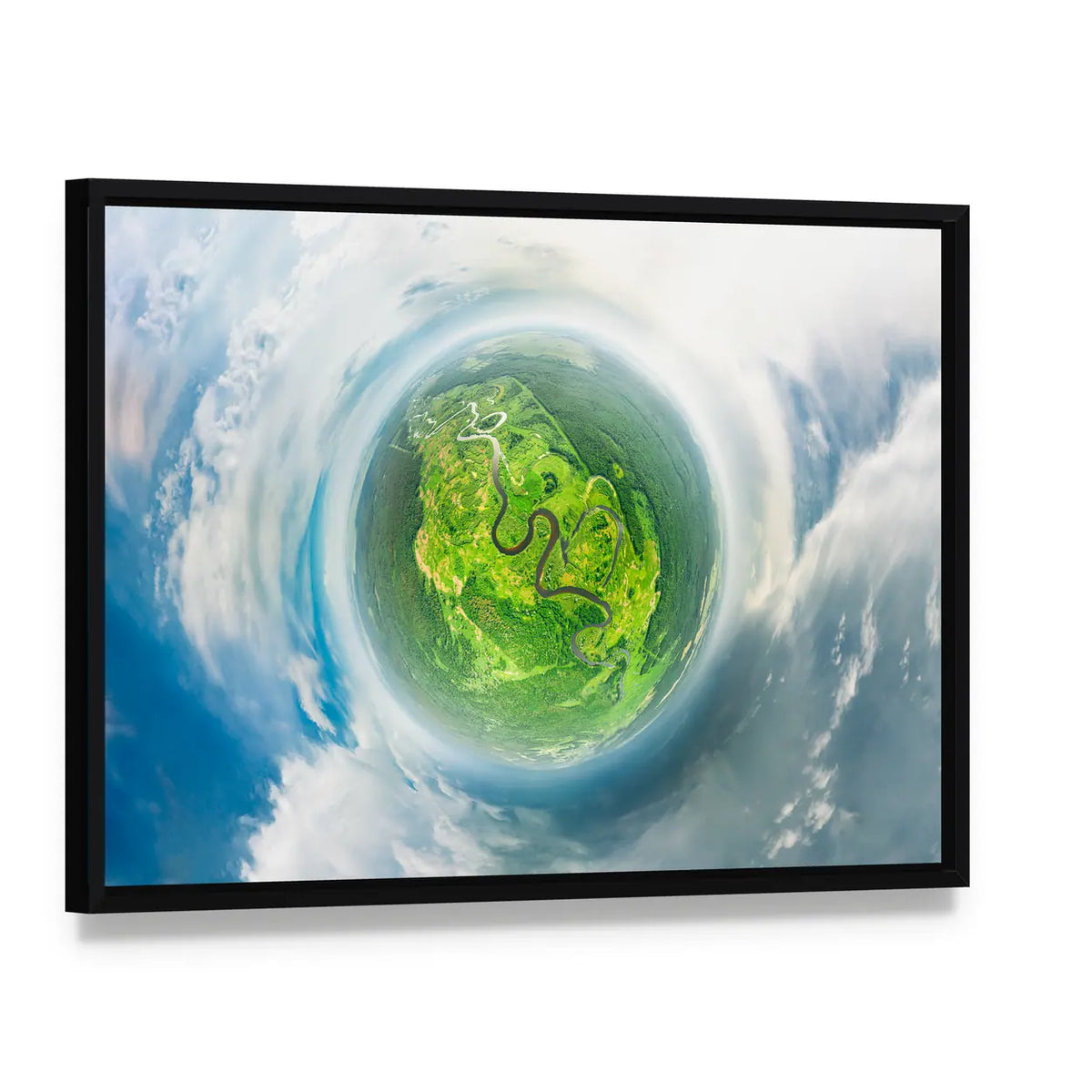 Small Planet Concept From Space Canvas Wall Art, framed canvas in a black floater frame, angled product view