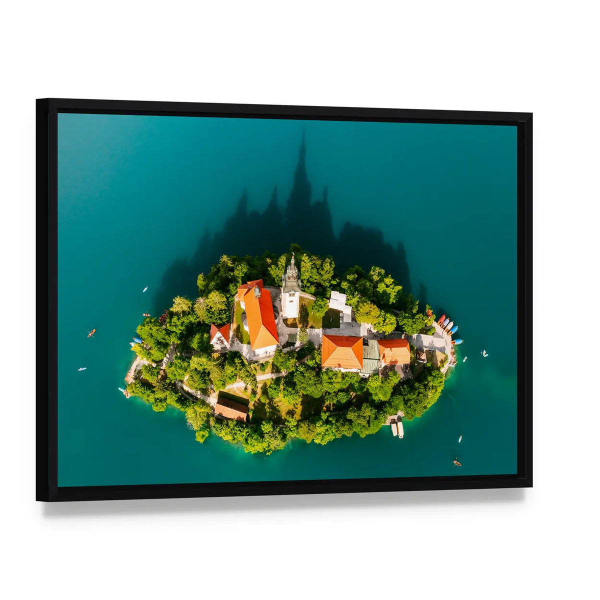 Lake Bled With Assumption Of Maria Church Slovenia Canvas Wall Art, framed canvas in a black floater frame, angled product view
