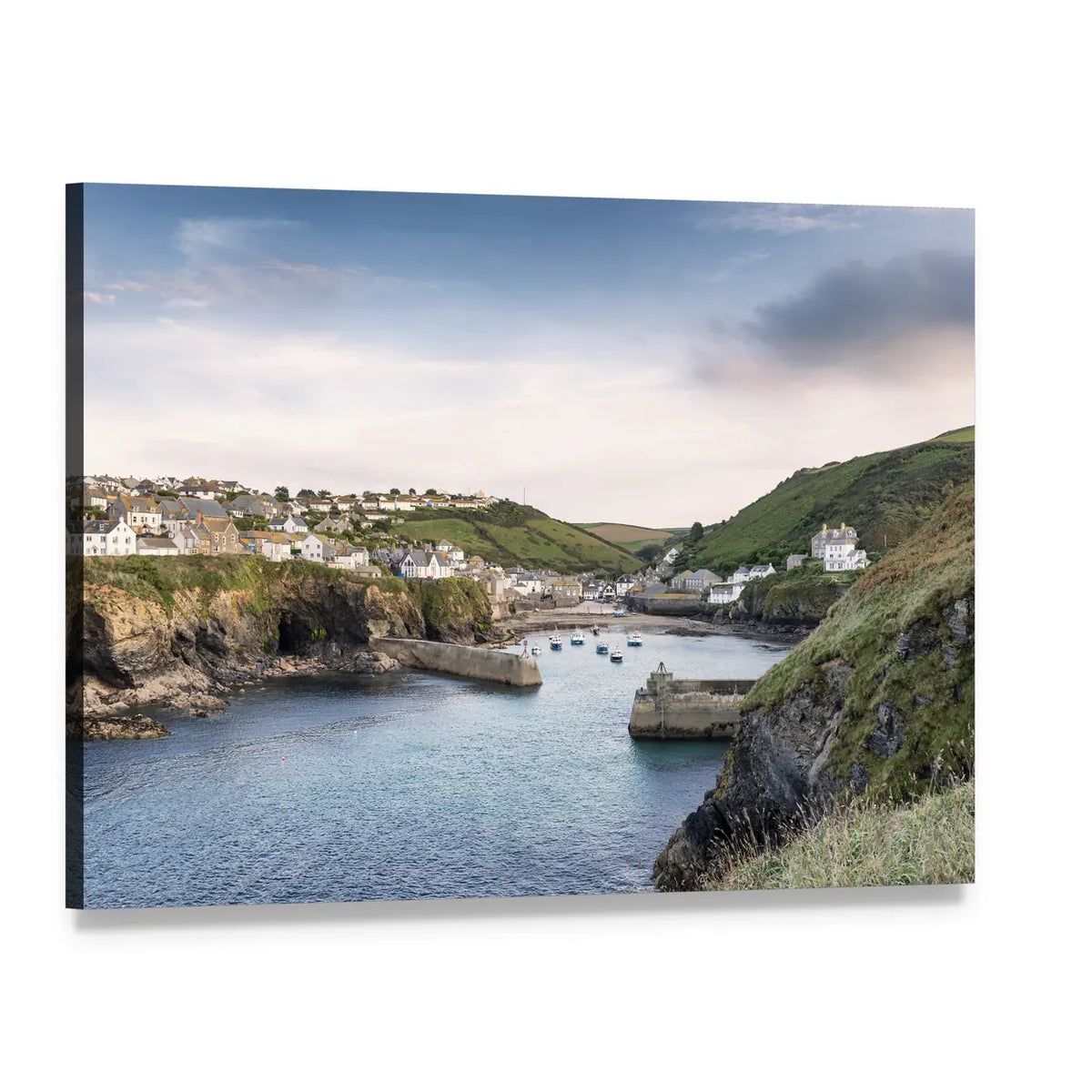 Port Isaac Harbor with Cliffs and Boats Canvas Wall Art, single panel gallery wrapped canvas, angled product view