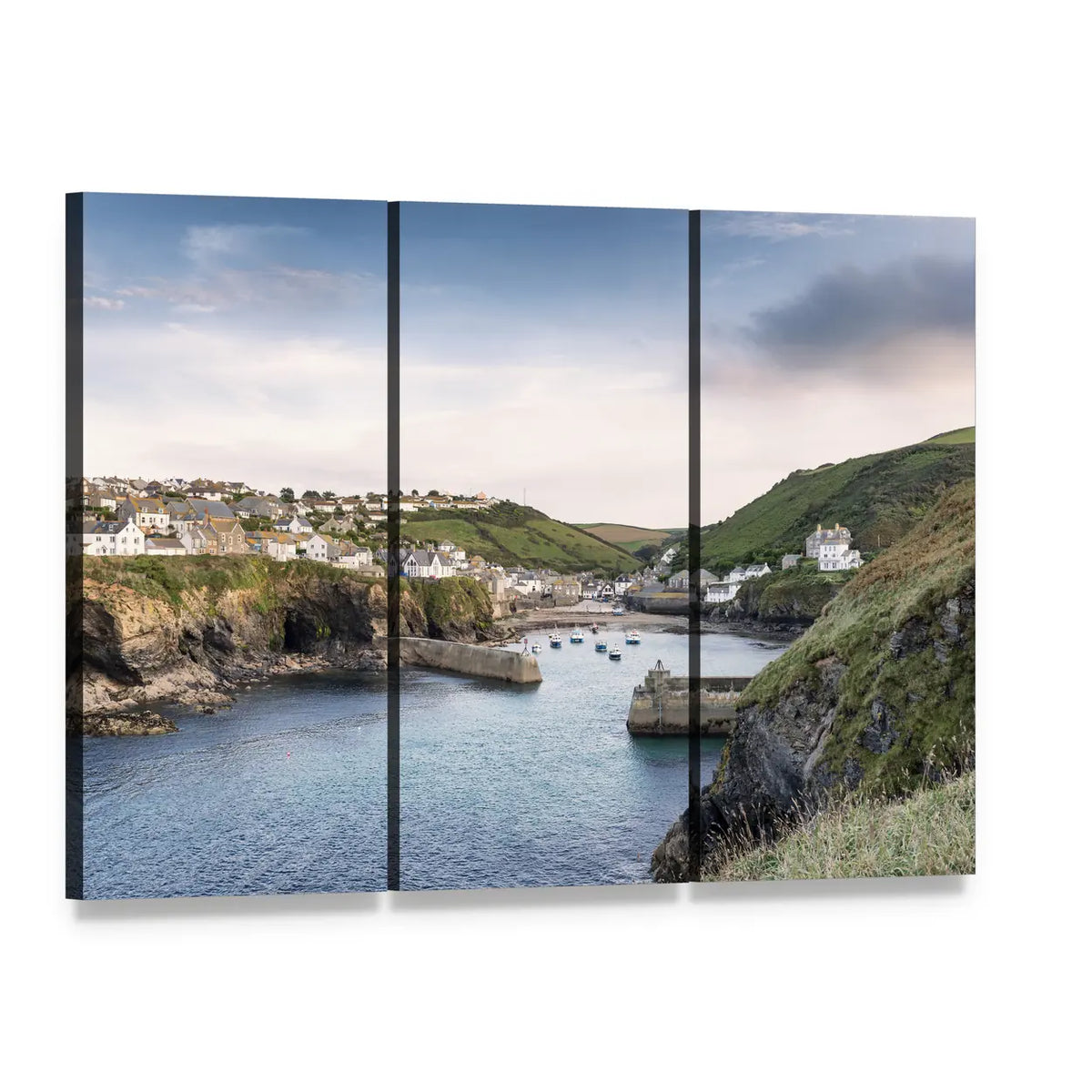 Port Isaac Coastal Village Harbor Canvas Wall Art, 3 panel 3 Horizontal layout gallery wrapped canvas set, angled product view