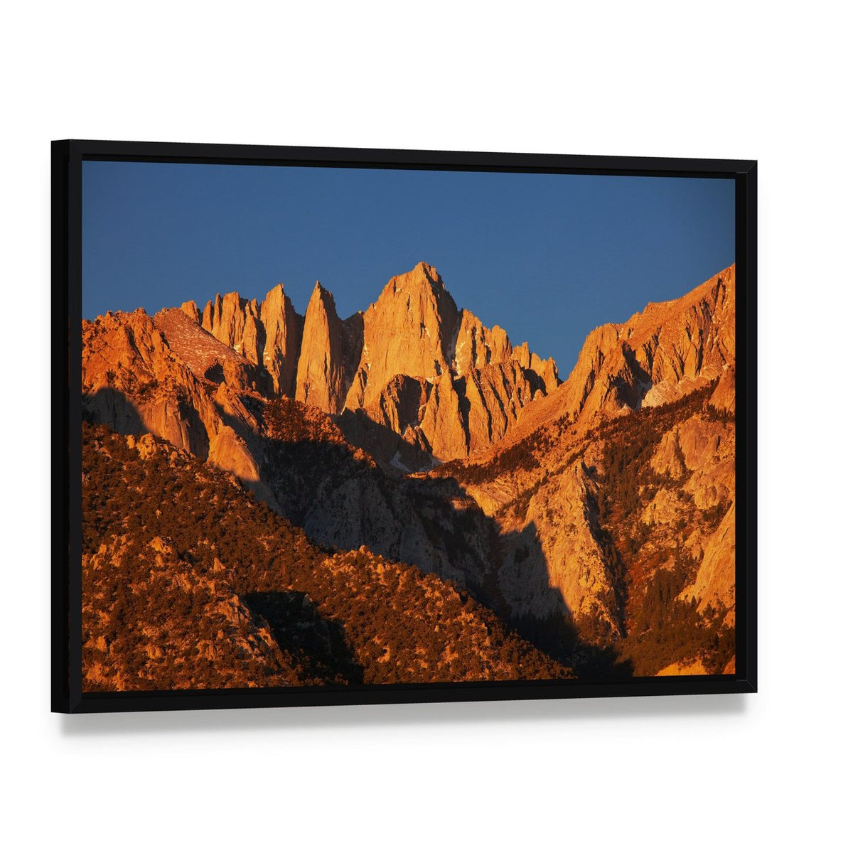 Mount Whitney at Golden Hour Canvas Wall Art, framed canvas in a black floater frame, angled product view