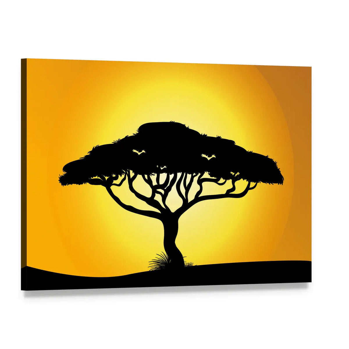African Savanna Sunset Silhouette Canvas Wall Art, single panel gallery wrapped canvas, angled product view
