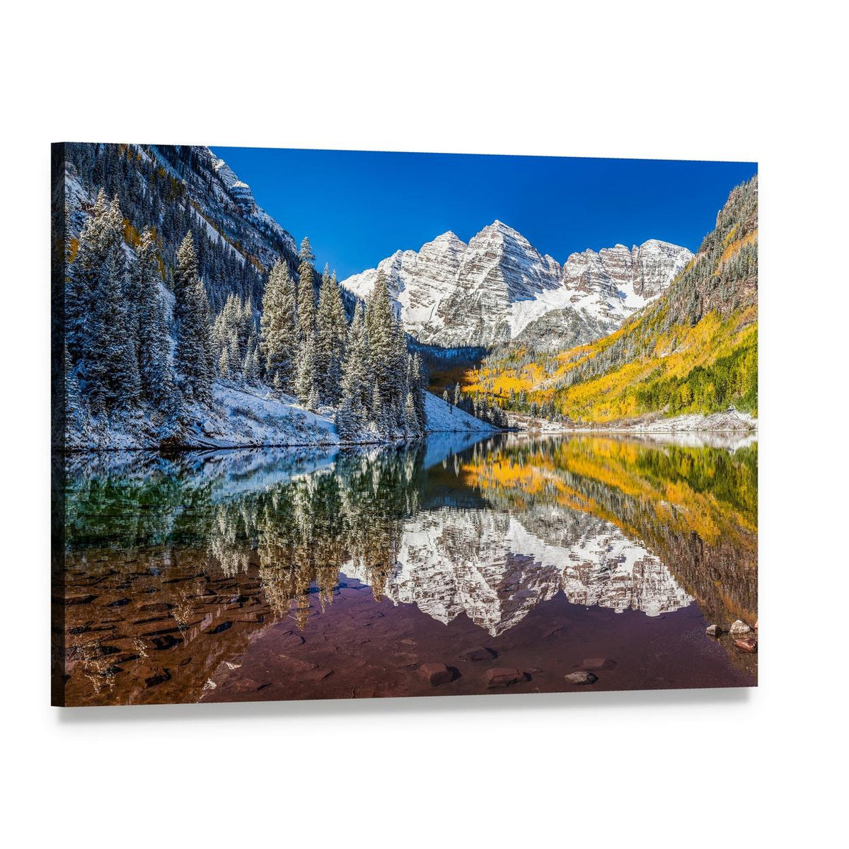 Autumn Reflection at Maroon Bells Canvas Wall Art, single panel gallery wrapped canvas, angled product view