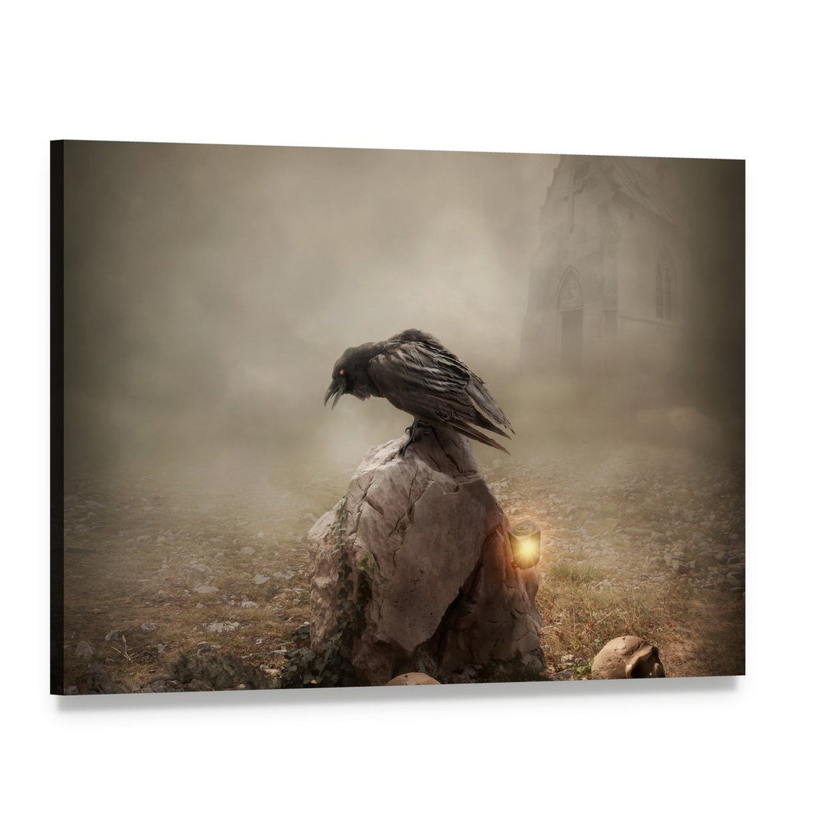 Raven on Gravestone at Twilight Canvas Wall Art, single panel gallery wrapped canvas, angled product view