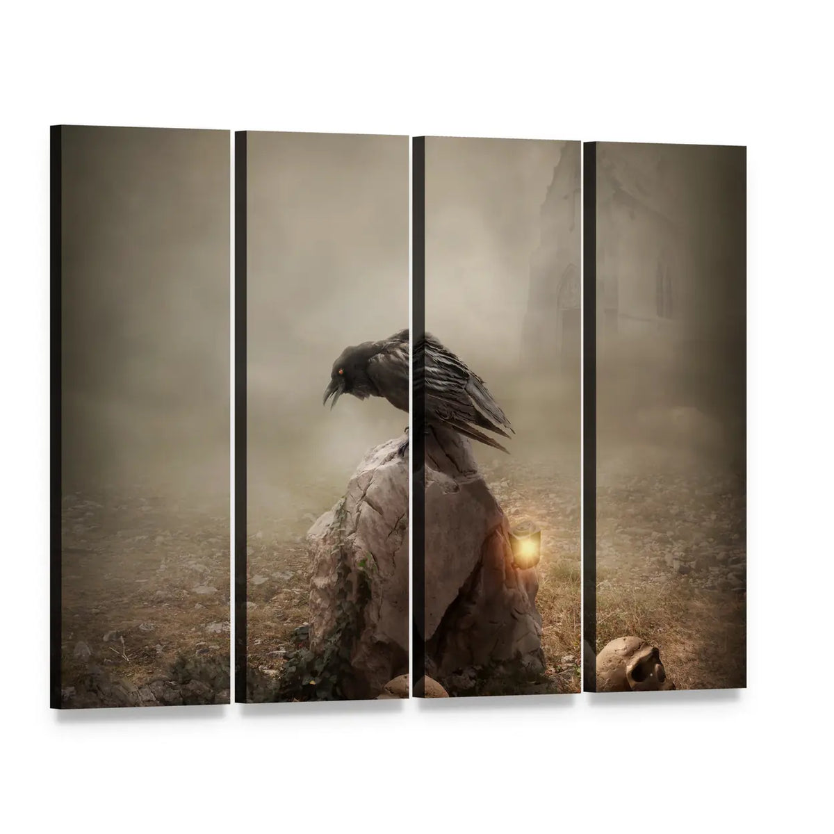 Crow on Gravestone at Dusk Canvas Wall Art, 4 panel 4 Horizontal layout gallery wrapped canvas set, angled product view