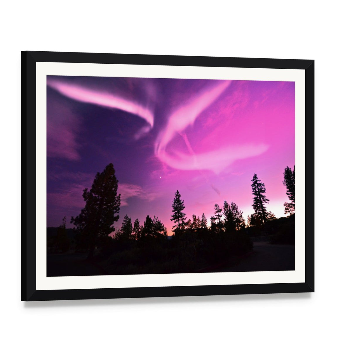 Pink Northern Lights Canvas Wall Art, framed print with white mat and black frame, angled product view