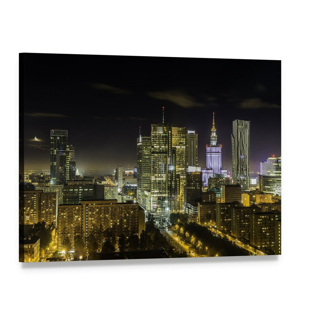 Warsaw Downtown Night Skyline Canvas Wall Art, single panel gallery wrapped canvas, angled product view