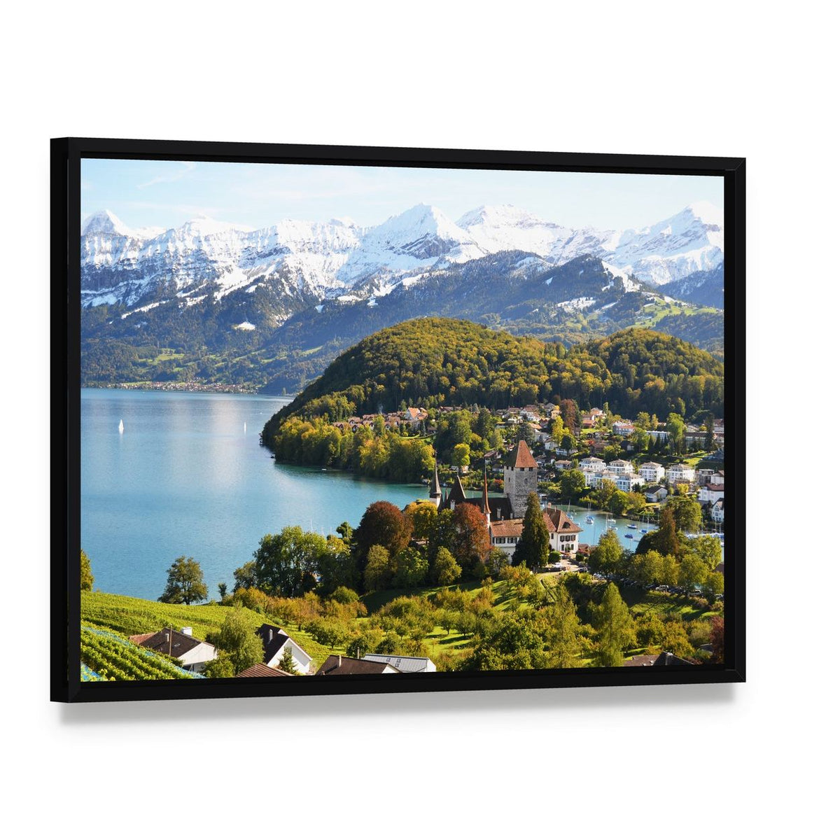Spiez Castle Switzerland Canvas Wall Art, framed canvas in a black floater frame, angled product view