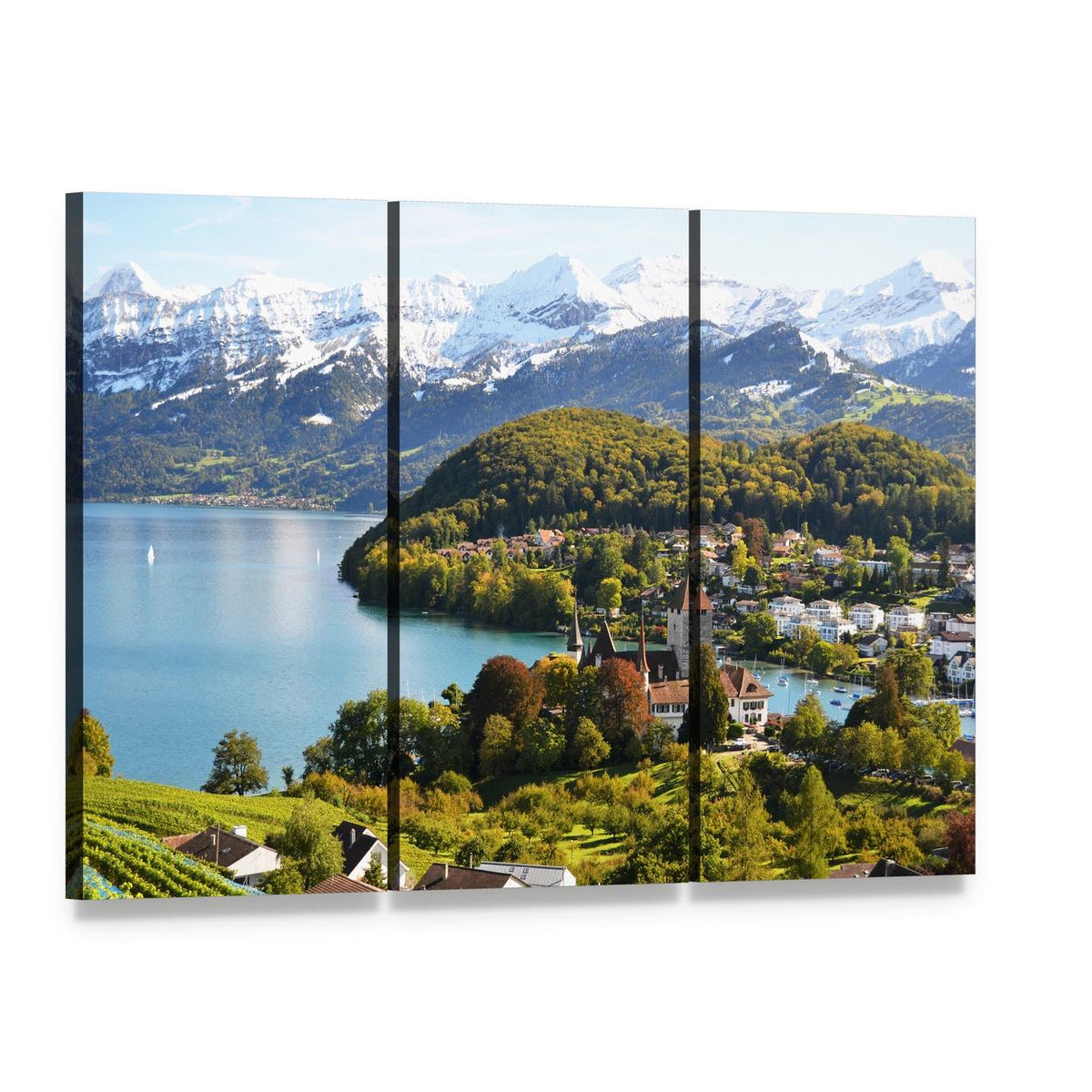 Spiez Castle Switzerland Canvas Wall Art, 3 panel 3 Horizontal layout gallery wrapped canvas set, angled product view