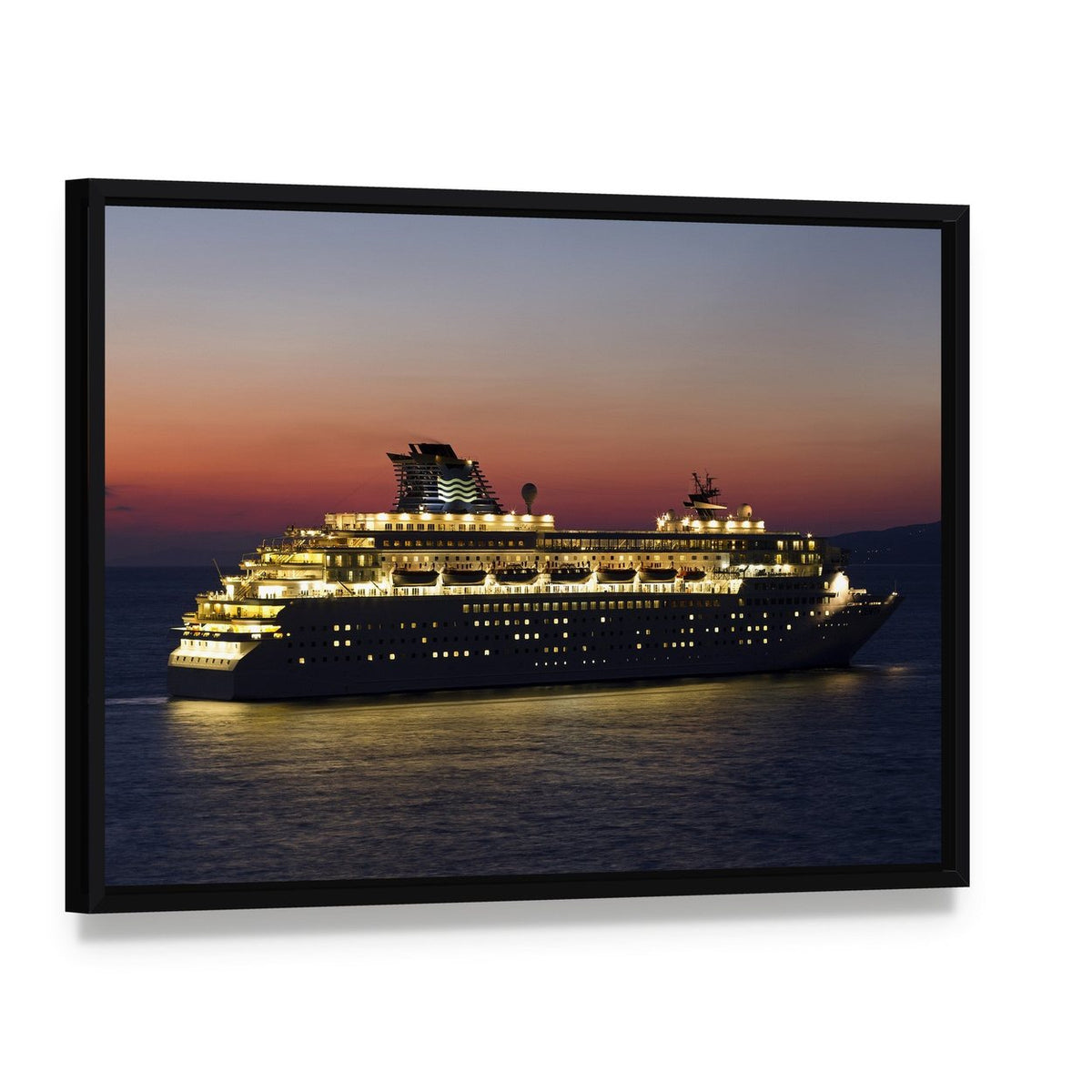 Cruise Ship at Sunset Canvas Wall Art, framed canvas in a black floater frame, angled product view