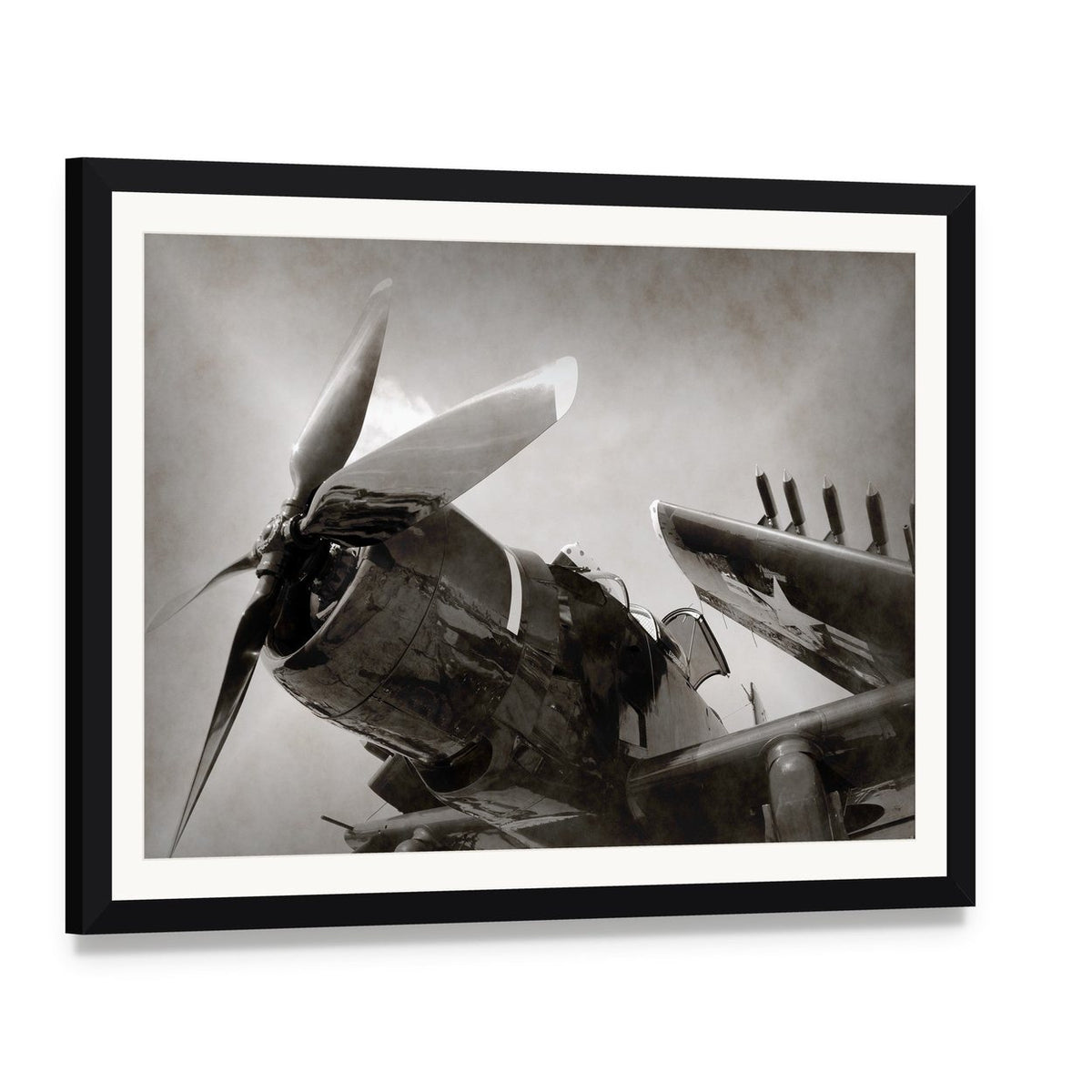 World War Ii Navy Fighter Plane with Folded Wings Canvas Wall Art, framed print with white mat and black frame, angled product view