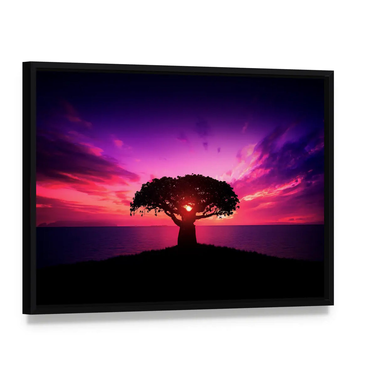 Baobab Tree at Sunset Canvas Wall Art, framed canvas in a black floater frame, angled product view