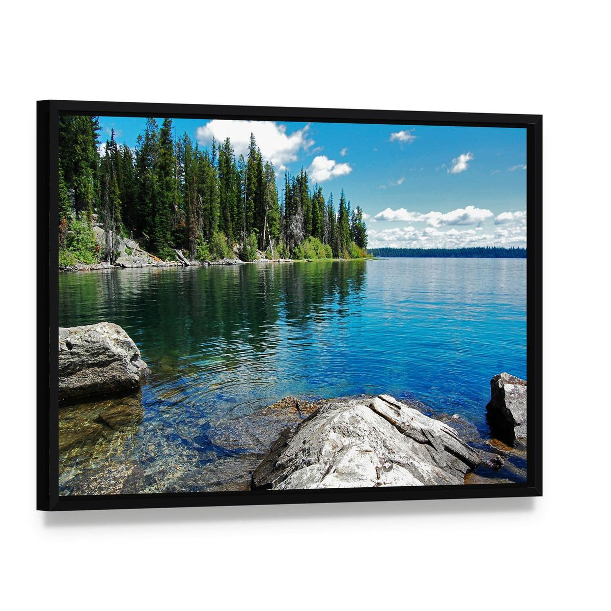 Serene Landscape with Lake Canvas Wall Art, framed canvas in a black floater frame, angled product view