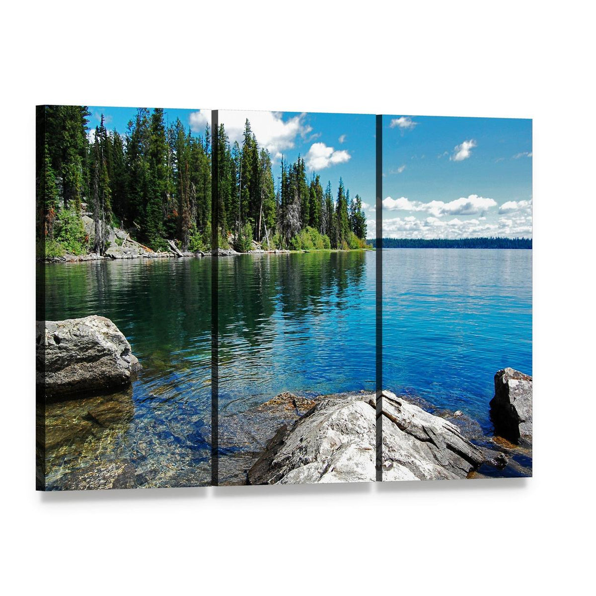 Serene Landscape with Lake Canvas Wall Art, 3 panel 3 Horizontal layout gallery wrapped canvas set, angled product view