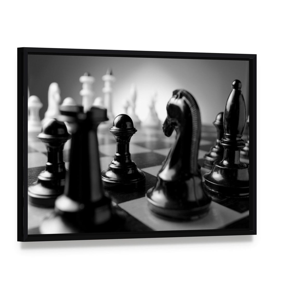 Chess Board Canvas Wall Art, framed canvas in a black floater frame, angled product view