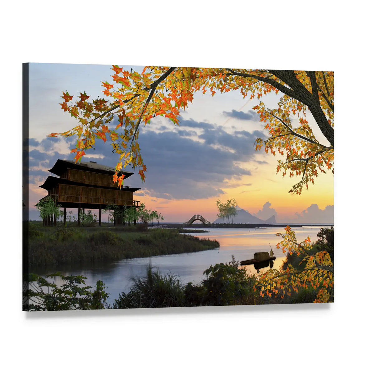 Lakeside Pagoda and Stone Bridge at Sunset Canvas Wall Art, single panel gallery wrapped canvas, angled product view