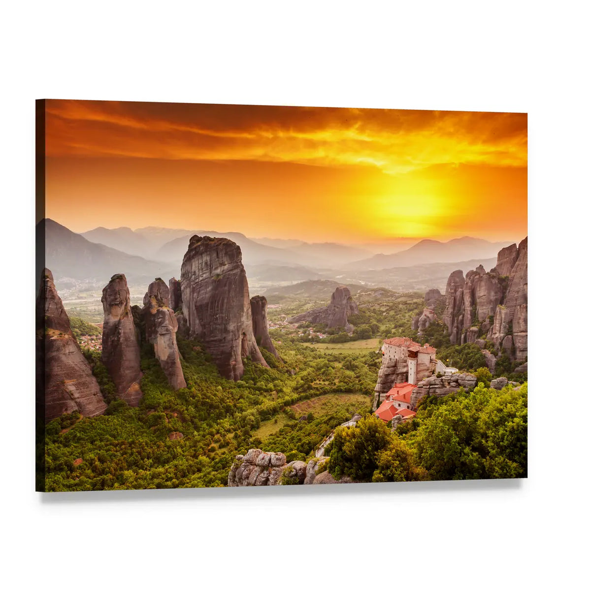 Rousanou Monastery at Golden Sunset Canvas Wall Art, single panel gallery wrapped canvas, angled product view
