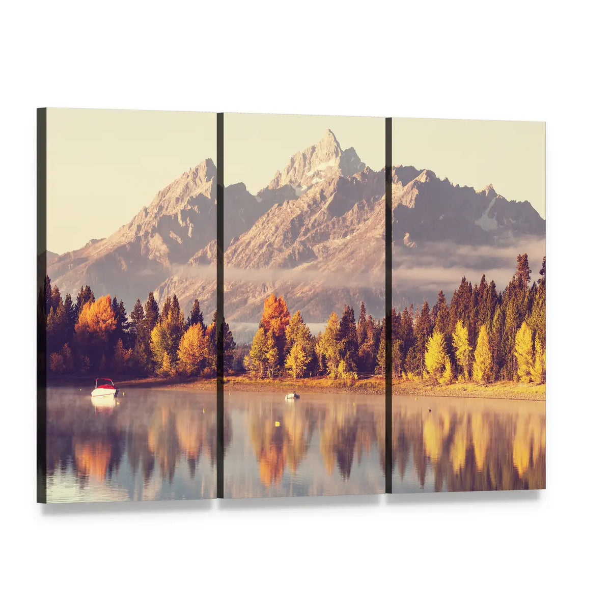 Grand Teton in Autumn Canvas Wall Art, 3 panel 3 Horizontal layout gallery wrapped canvas set, angled product view