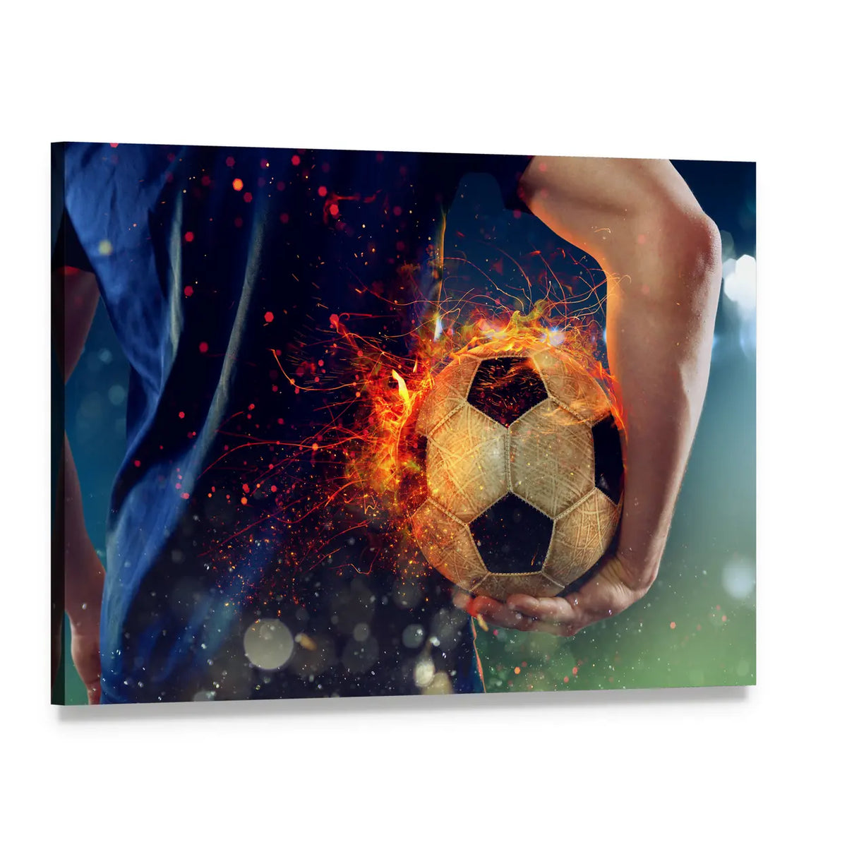 Soccer Ball Engulfed in Flames Canvas Wall Art, single panel gallery wrapped canvas, angled product view