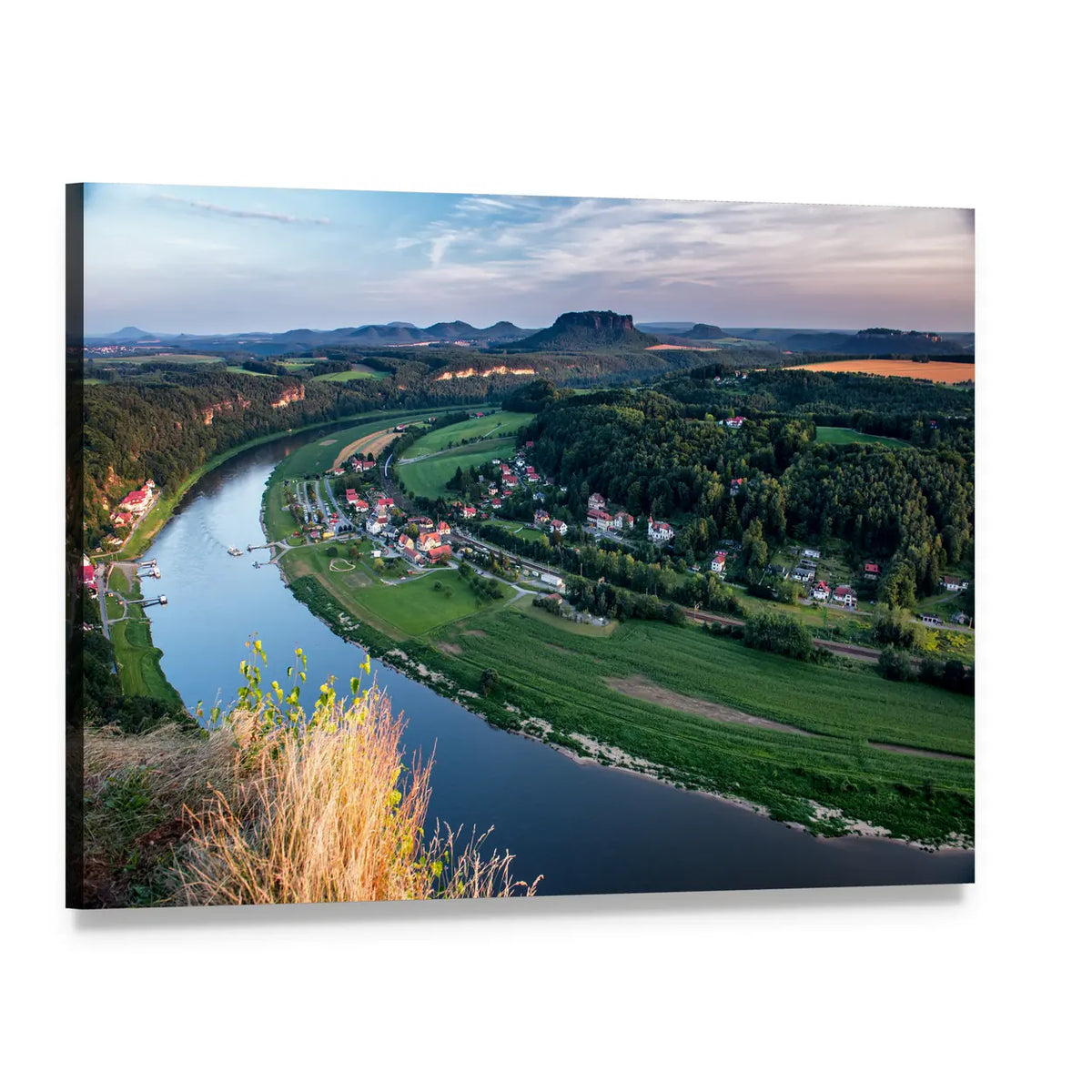 Evening River Valley with Red-roof Village Canvas Wall Art, single panel gallery wrapped canvas, angled product view