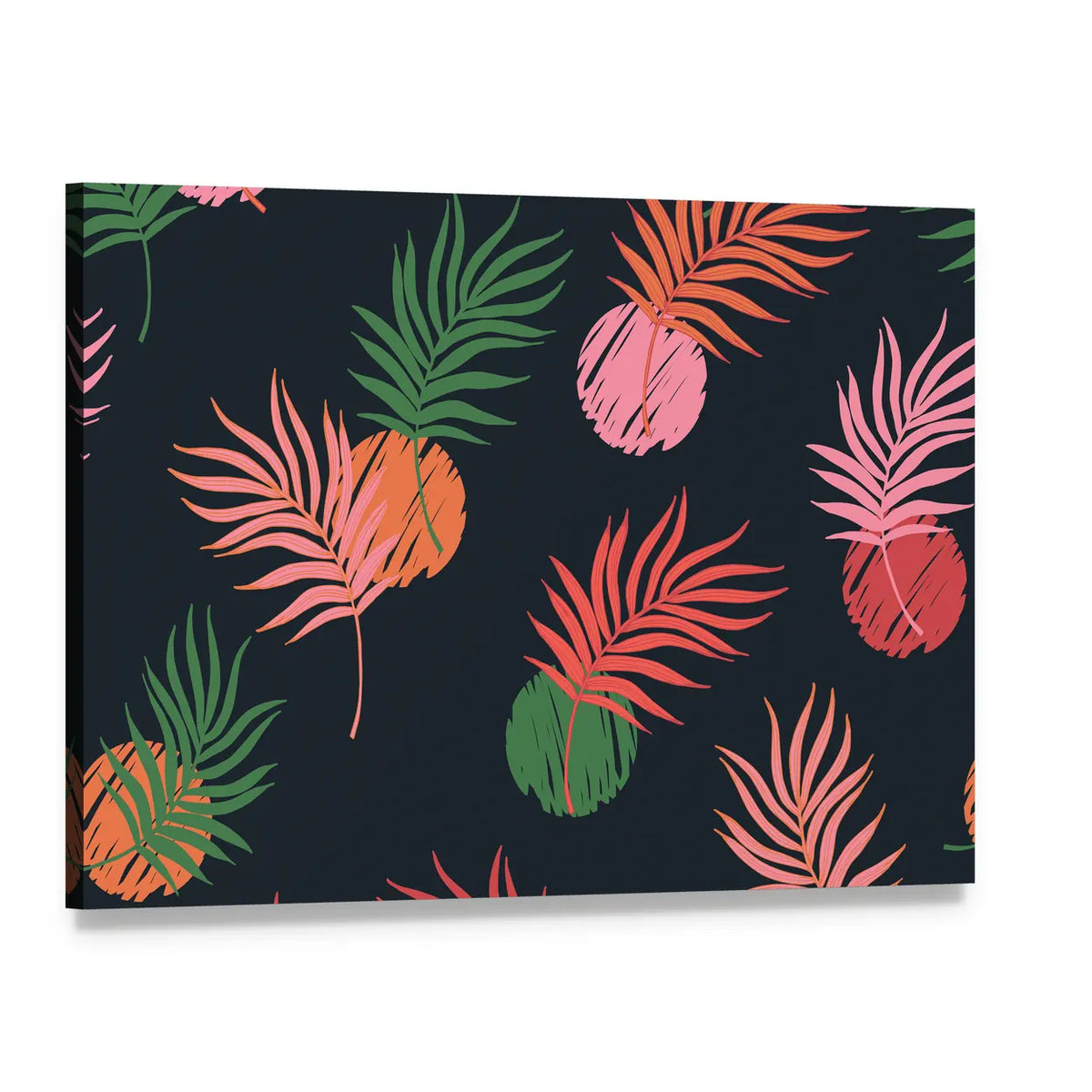 Seamless Palm Leaf Pattern Canvas Wall Art, single panel gallery wrapped canvas, angled product view