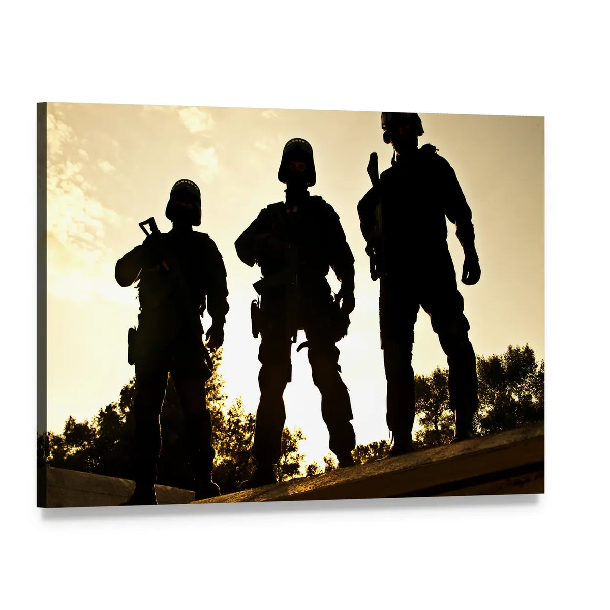 Three Swat Silhouettes at Dusk Canvas Wall Art, single panel gallery wrapped canvas, angled product view