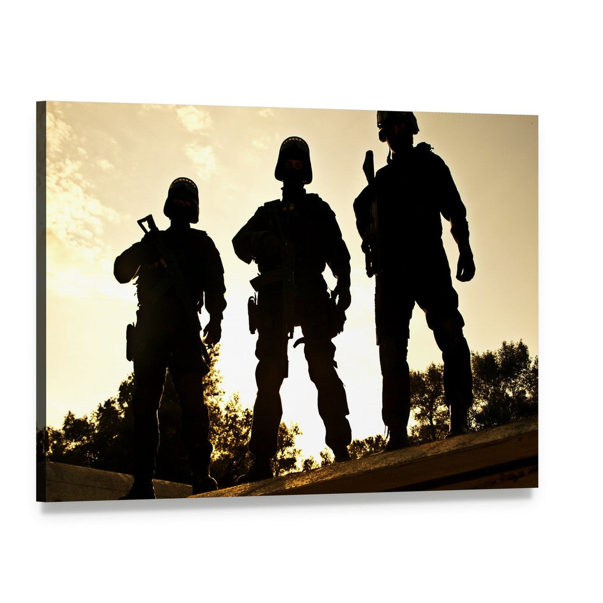 Silhouettes of Swat Officers Holding Guns Canvas Wall Art, single panel gallery wrapped canvas, angled product view