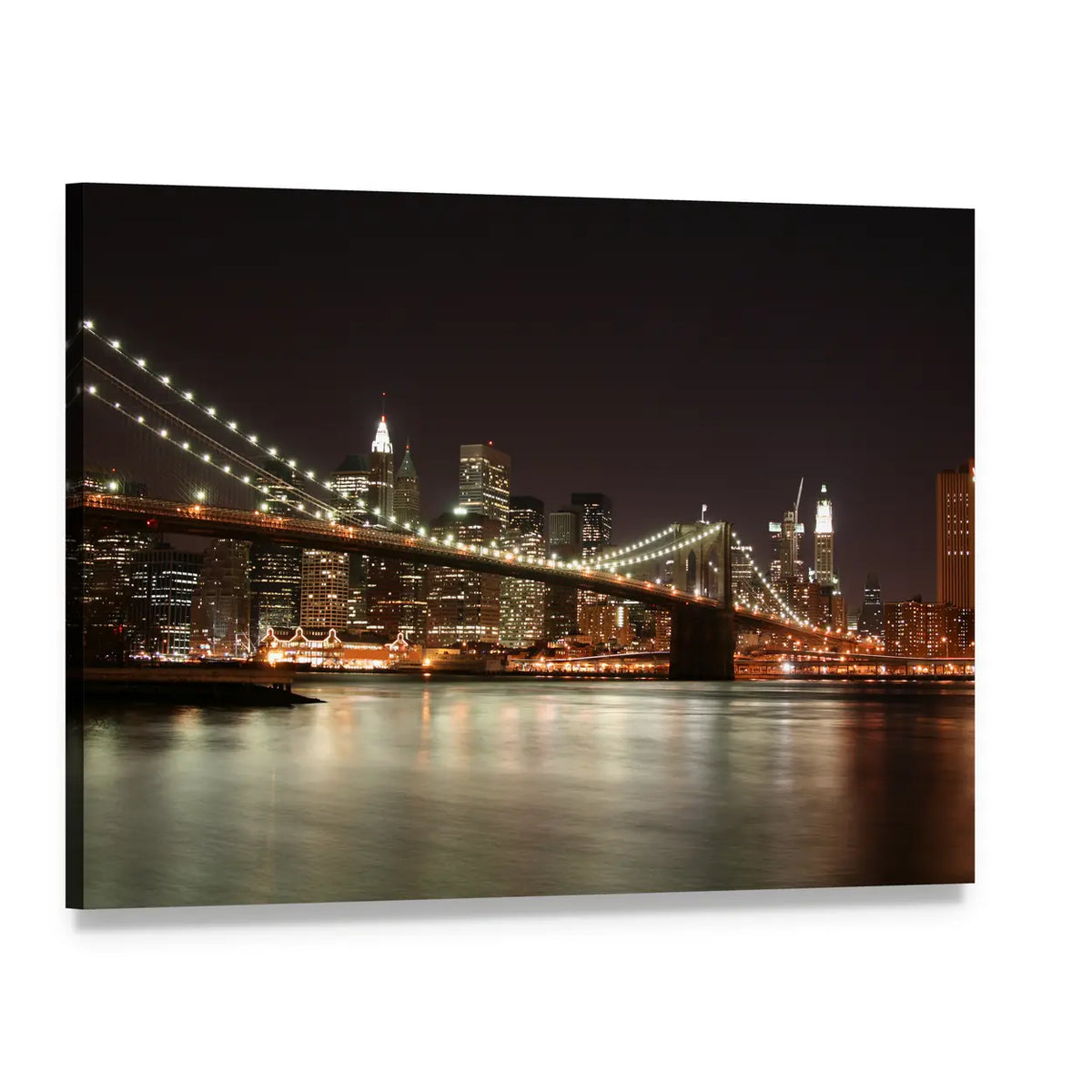 Night View of Manhattan Skyline Canvas Wall Art, single panel gallery wrapped canvas, angled product view