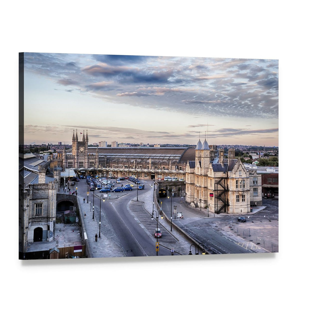 Twilight Train Station Skyline Canvas Wall Art, single panel gallery wrapped canvas, angled product view