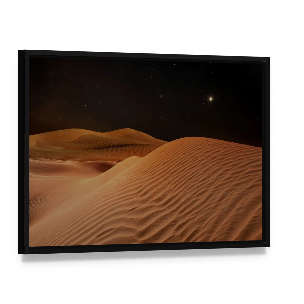 Sandy Desert Under Starry Night Sky Canvas Wall Art, framed canvas in a black floater frame, angled product view