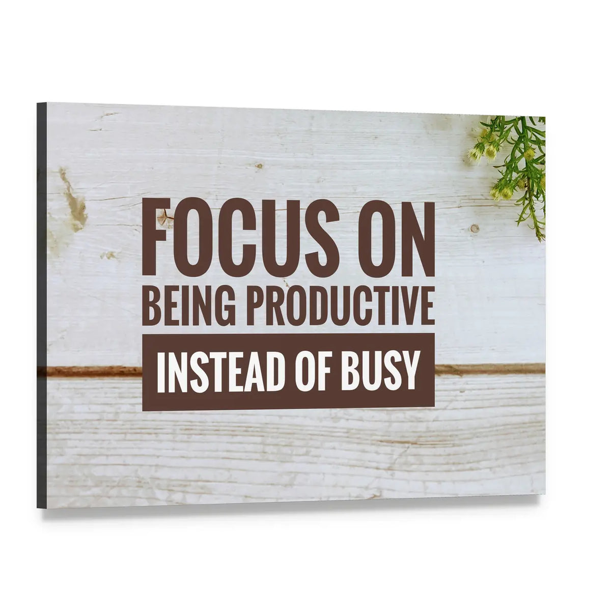 Focus on Being Productive Quote on Wood Canvas Wall Art, single panel gallery wrapped canvas, angled product view