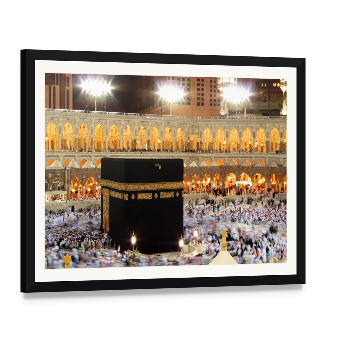 Holy Kaaba in Mecca Canvas Wall Art, framed print with white mat and black frame, angled product view
