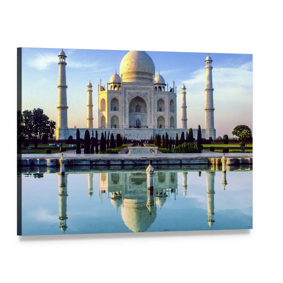 Taj Mahal in Early Morning Light Canvas Wall Art, single panel gallery wrapped canvas, angled product view