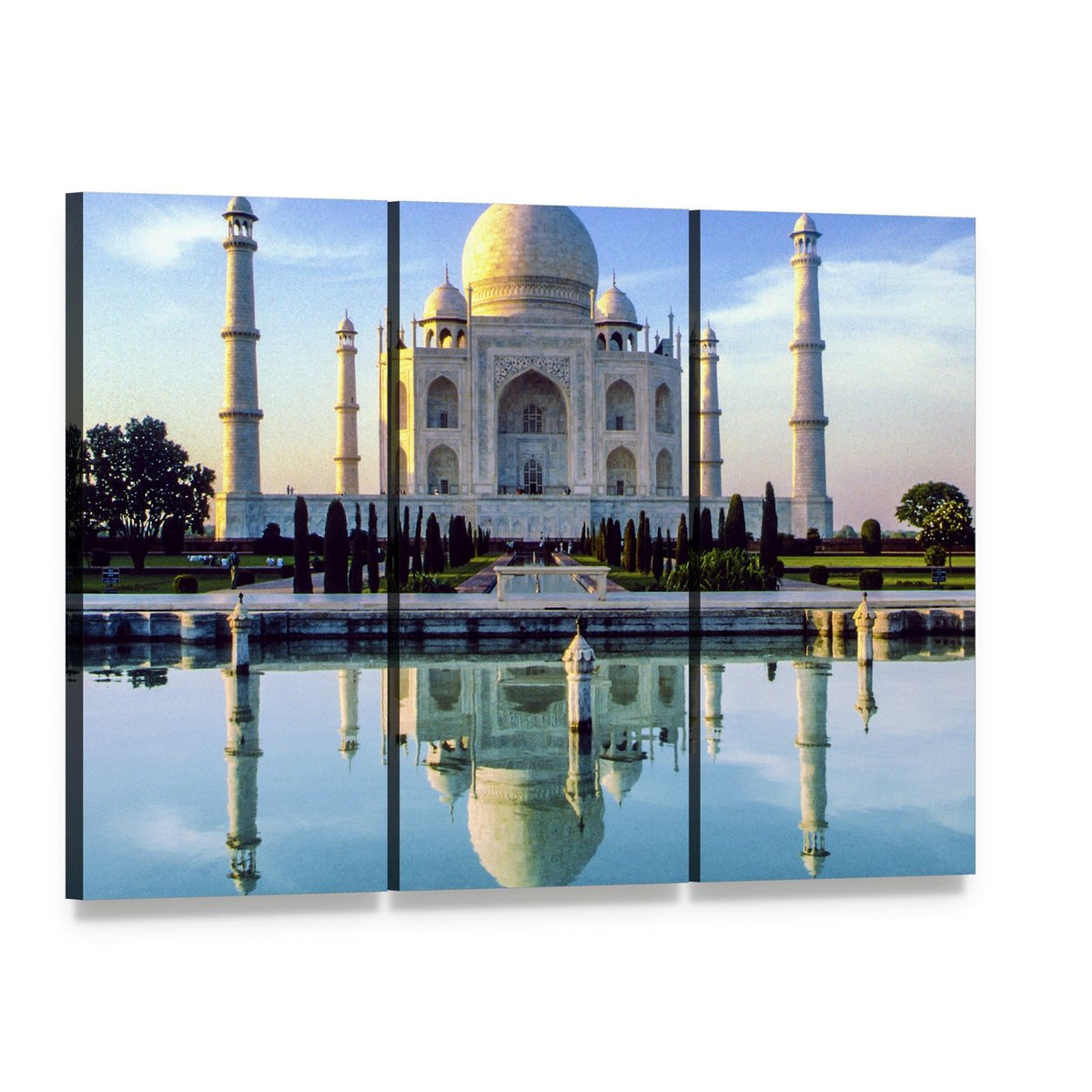 Taj Mahal in Early Morning Canvas Wall Art, 3 panel 3 Horizontal layout gallery wrapped canvas set, angled product view
