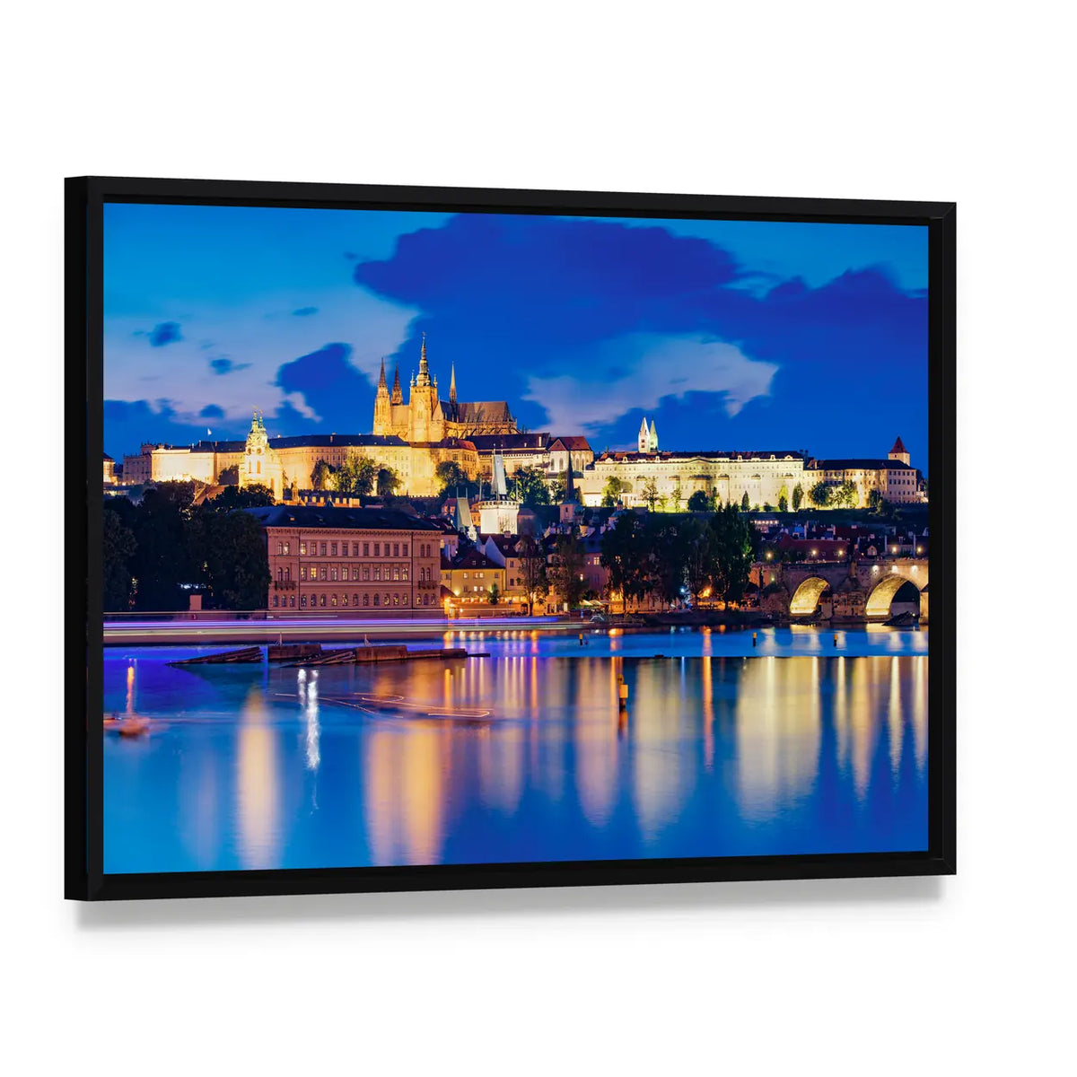 Prague Castle at Night Canvas Wall Art, framed canvas in a black floater frame, angled product view