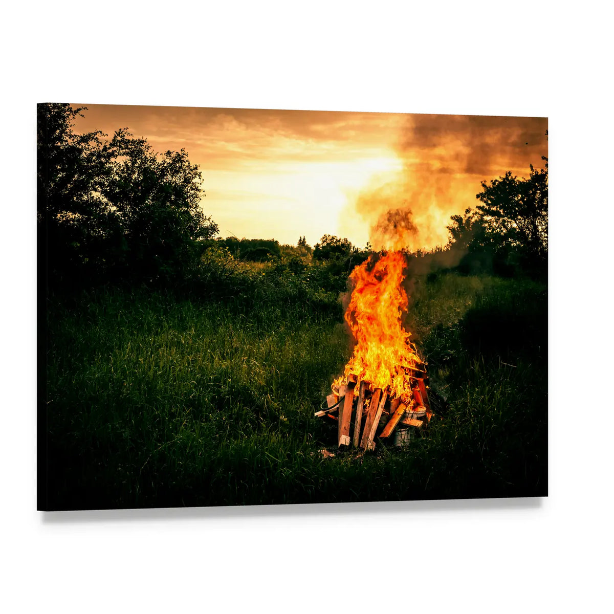 Bonfire at Camp Canvas Wall Art, single panel gallery wrapped canvas, angled product view