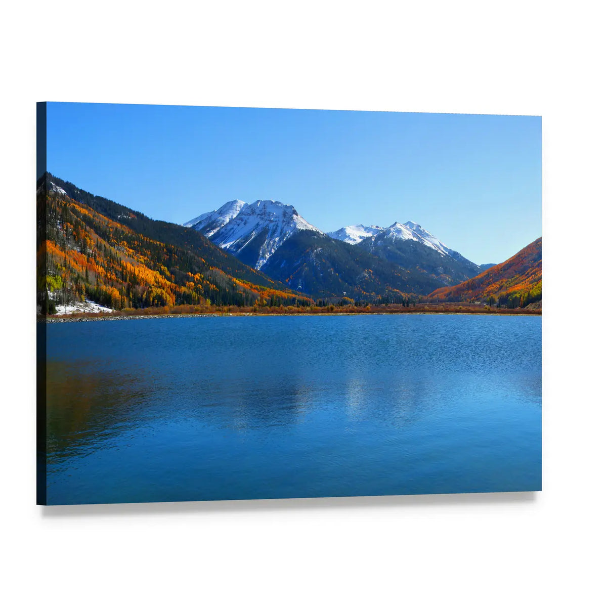 Crystal Lake with Snow-capped Peaks and Fall Foliage Canvas Wall Art, single panel gallery wrapped canvas, angled product view