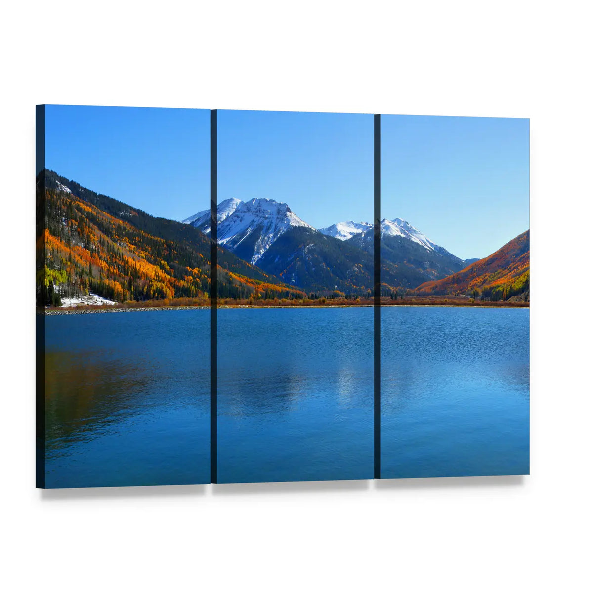 Crystal Lake with Snow-capped Peaks and Fall Foliage Canvas Wall Art, 3 panel 3 Horizontal layout gallery wrapped canvas set, angled product view